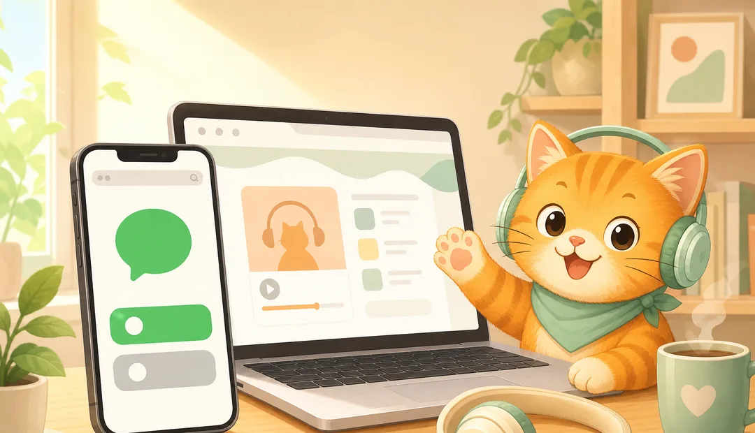 แมว Kid-cat โบกมือข้างมือถือและแล็ปท็อปสำหรับเริ่มฟังผ่านเว็บ