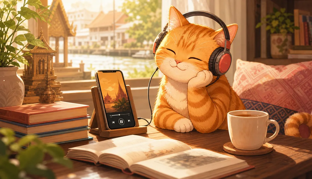 แมว Kid-cat กำลังฟังนิยายเสียงจากมือถือบนโต๊ะอ่านหนังสือ