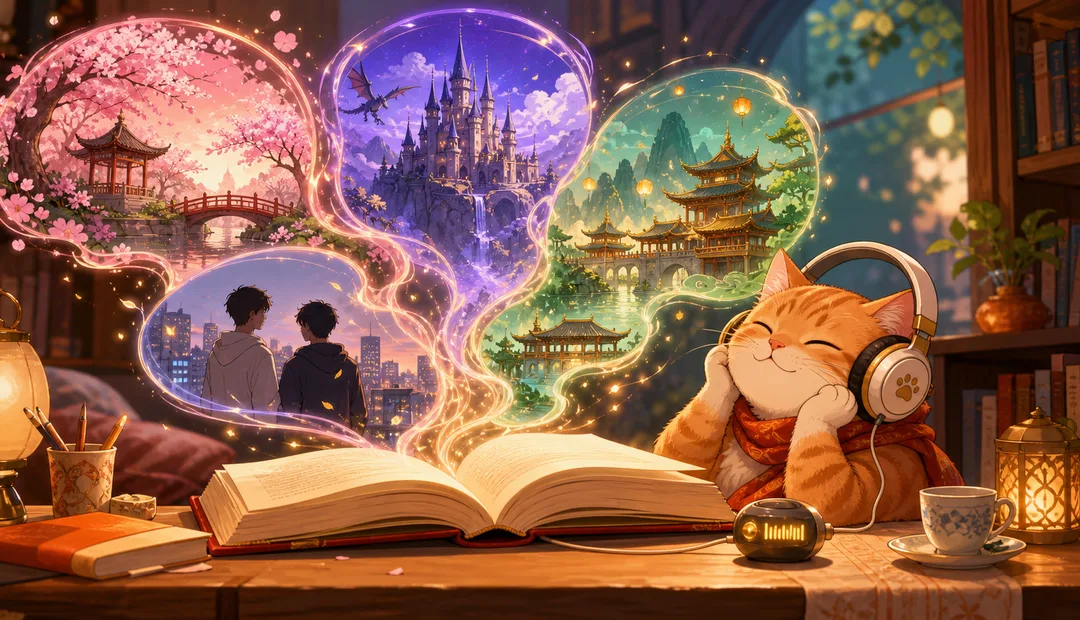 โลกนิยายหลายแนวลอยออกจากหนังสือพร้อมแมวใส่หูฟัง