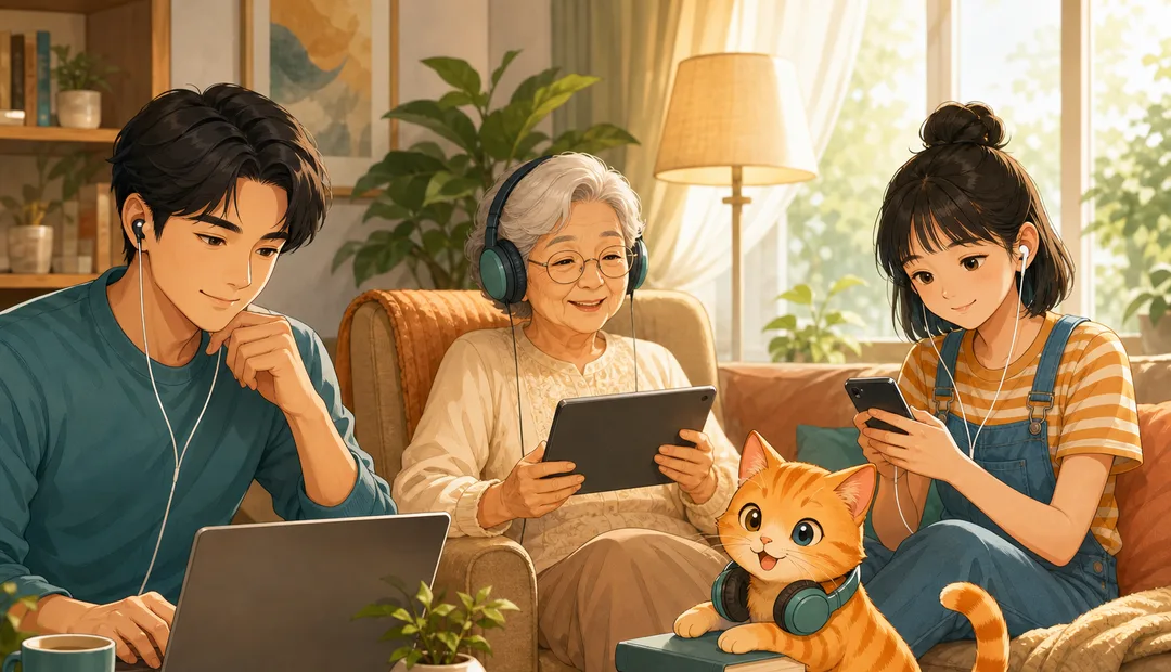 คนหลายวัยกำลังฟังนิยายเสียงในห้องนั่งเล่น